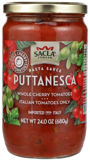 Sacla: Whole Cherry Tomatoes Puttanesca Pasta Sauce, 24 Oz