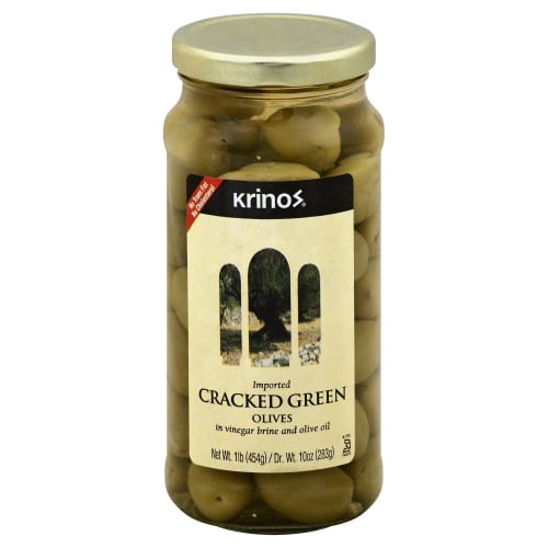 Krinos Green Cracked Olives, 16 Oz