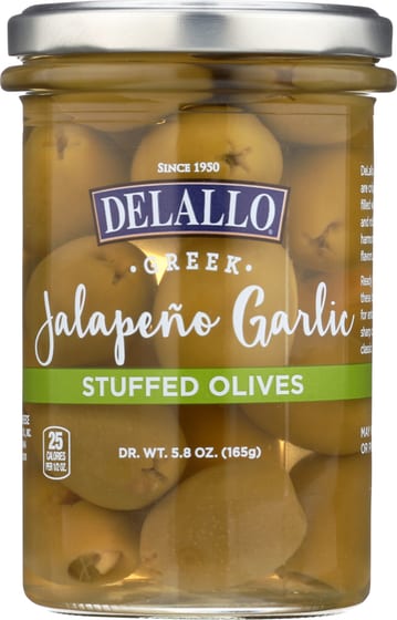 Delallo Garlic & Jalapeno Stuffed Green Greek Olives, 5.8 Oz