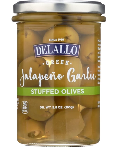 Delallo Garlic & Jalapeno Stuffed Green Greek Olives, 5.8 Oz