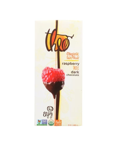 Theo Chocolate Organic Chocolate Bar - Classic - Dark Chocolate - 70 Percent Cacao - Raspberry - 3 Oz Bars - Case Of 12