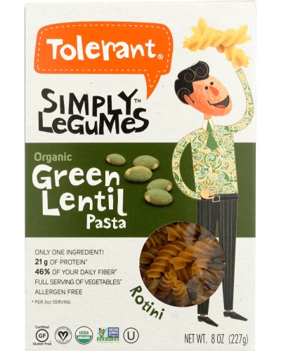 Tolerant: Pasta Rotini Green Lentil Organic, 8 Oz